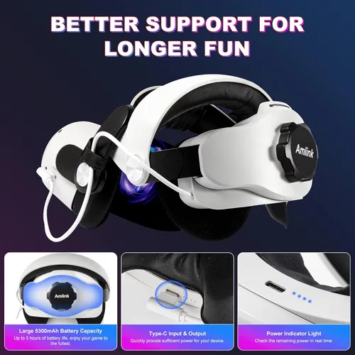Vista 3 de AMLINK MQ2 Pro Head Strap with 5300mAh Battery for OculusMeta Quest 2 Rechargable Adjustable Elite Strap for Quest 2 Replacement Accessories for