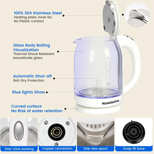 Vista 4 de Hervidor Eléctrico Doméstico, Todo Acero Inoxidable 304 y Sin Contacto con Plástico, Apagado Automático, Vidrio de Borosilicato con Hervido Visual
