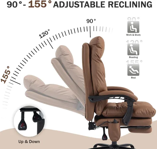 Vista 3 de Silla de oficina ejecutiva reclinable de 155° con soporte lumbar ajustable, cómoda silla de escritorio para computadora con reposapiés, silla