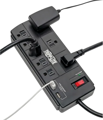 Vista 2 de Tripp Lite Protector de sobretensiones con carga USB, 8 tomacorrientes protector de sobretensiones, 2 puertos de carga USB, cable de 8 pies, 1200