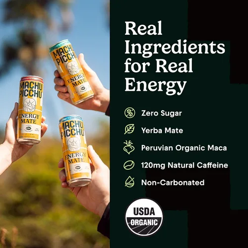 Vista 6 de MACHU PICCHU ENERGY, Yerba Mate Sin Carbonatar Cero Azúcar, Alternativa de Bebida Energética Limpia, 12 oz (Paquete de 12) – 120mg de Cafeína