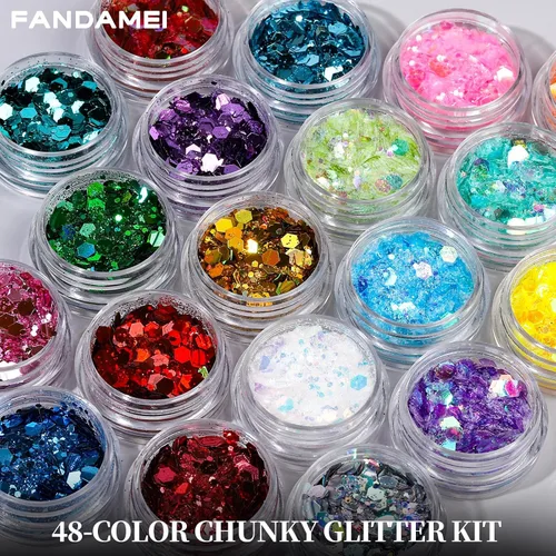 Vista 2 de FANDAMEI Purpurina gruesa, purpurina holográfica de 48 colores para manualidades, purpurina arcoíris para arte de uñas de resina, manualidades