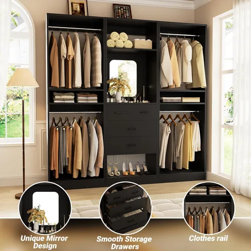 Vista 3 de Unikito Sistema de Armario Walk-in de 75 Pulgadas con 4 Cajones, Organizador de Armario de 6.3 Pies con Barras Colgantes y Diseño de Espejo, Armario