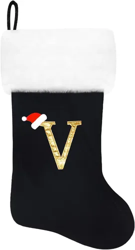 Vista 61 de Calcetines de Navidad bordados de 20 pulgadas con monograma, terciopelo negro con puño de felpa blanca supersuave, adornos clásicos para decoración