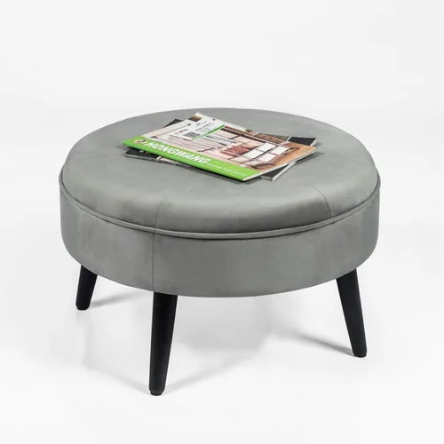 Vista 8 de Adeco Otomana redonda pequeña, otomana tapizada de terciopelo, con botones, reposapiés, asiento acolchado con patas de madera, moderno reposapiés
