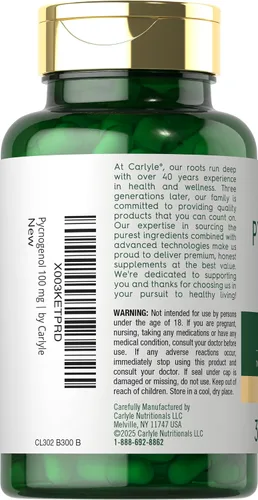 Vista 3 de Carlyle Pycnogenol 100mg 30 Cápsulas Extracto de corteza de pino marítimo francés Pinus Pinaster Suplemento sin OMG y sin gluten