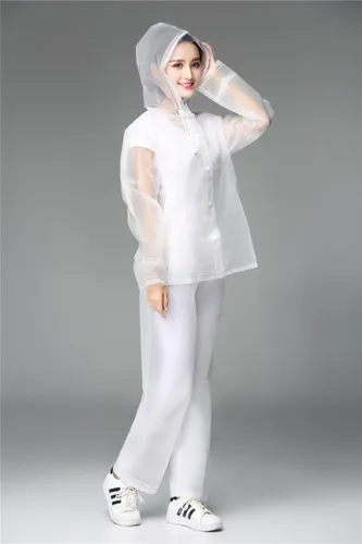 Vista 2 de Freesmily Chubasquero reutilizable transparente para mujeres y hombres, impermeable, traje de lluvia, conjunto de pantalones con capucha