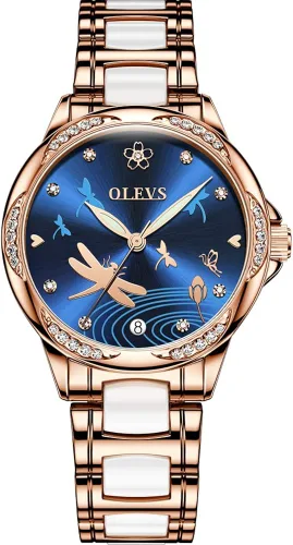 Vista 7 de OLEVS Relojes para mujer, de cuerda automática, oro rosa, diamante, reloj de pulsera mecánico automático, acero inoxidable, dos tonos, pulsera