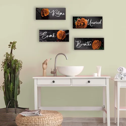 Vista 7 de ZINYAZHE 4 piezas de decoración de baño naranja, decoración de pared de rosas, accesorios de baño de madera naranja con arte de pared para Rosa