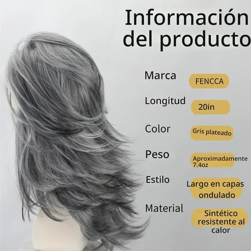 Vista 2 de Fencca Pelucas de color gris plateado para mujeres blancas, peluca ondulada en capas, peluca de sal y pimienta de longitud media con reflejos