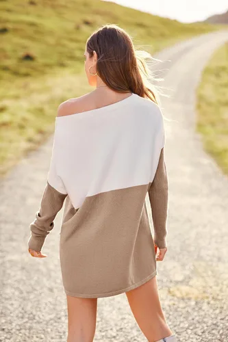 Vista 2 de PRETTYGARDEN - Suéter holgado casual para mujer, suéter de punto con bloques de color, cómodo con hombros descubiertos