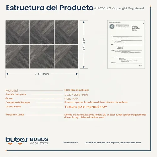 Vista 3 de BUBOS Paquete de 6 paneles acústicos autoadhesivos de pared, paneles acústicos de 23.6 x 23.6 pulgadas, paneles acústicos con patrón de madera 3D