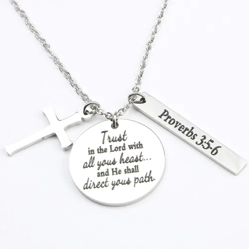 Vista 2 de Collar con colgante de cruz de versículo de la Biblia Amuleto de oración Fe Religiosa Joyería de cumpleaños y Navidad