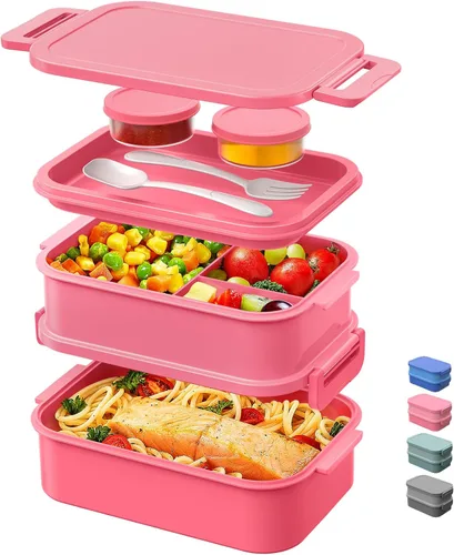 Vista 10 de DaCool Lonchera Bento para adultos, caja Bento de 74 onzas, contenedor apilable todo en uno para adultos, caja Bento grande con tenedor, cuchara