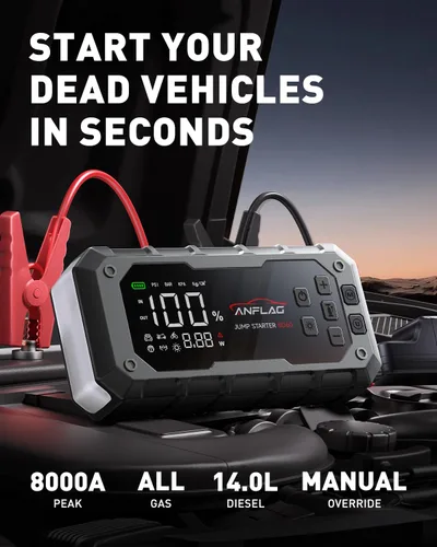 Vista 2 de Arrancador de batería para automóvil 10 en 1 con compresor de aire, arrancador de batería de 8000A 160PSI (todo gas/14L diésel), arrancador portátil