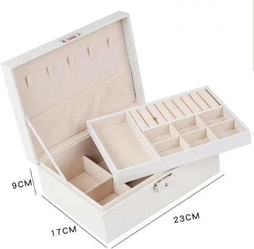 Vista 4 de H-RONG Joyero para mujeres y niñas, de cuero, con 2 capas, organizador grande de joyas con candado, caja de almacenamiento para collares, aretes