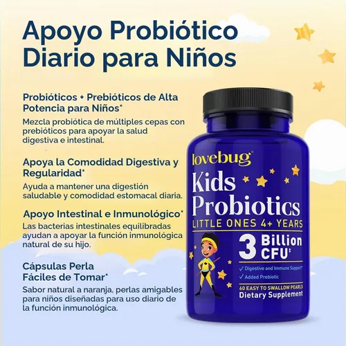 Vista 3 de LoveBug Probiotics: suplemento de probióticos de múltiples cepas para niños pequeños. 60 Esferas fáciles de tragar. 3 mil millones CFU. Comprimidos