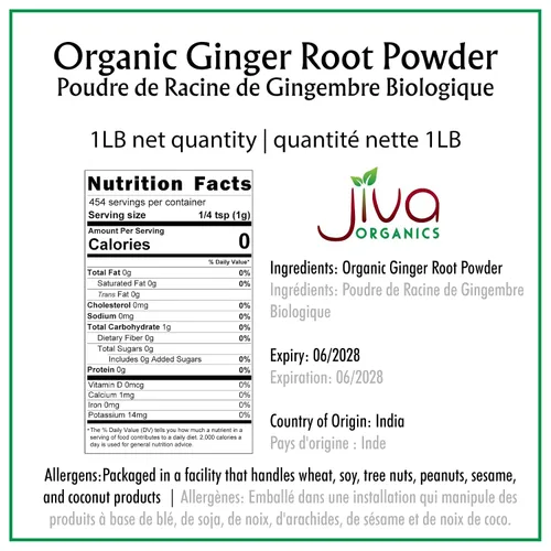Vista 2 de Jiva Organics Polvo de Raíz de Jengibre Orgánico Frasco de 1 LB - Sin Gluten, Sin OMG - para Cocinar, Hornear, Té y Más - Jengibre Molido Seco a