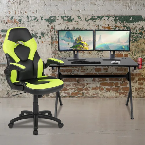 Vista 63 de Flash Furniture Juego de escritorio para juegos negro y silla de carreras blanco/negro con soporte para tazas, gancho para auriculares y soporte