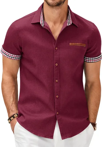 Vista 16 de COOFANDY Camisas casuales de manga corta de algodón con botones para hombre Verde militar