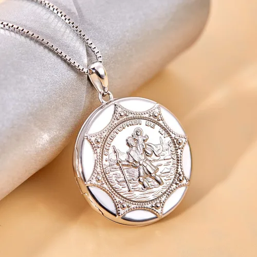 Vista 4 de YL Collar de San Cristóbal de plata de ley 925 grabado personalizado medallón protector religioso antiguo colgante de talismán medallaencajadoocket