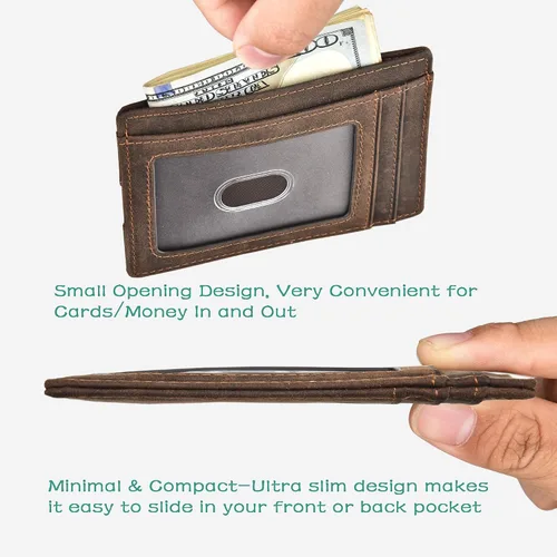 Vista 4 de kinzd Cartera delgada minimalista con bolsillo frontal RFID para tarjetas de crédito para hombres y mujeres, Marrón