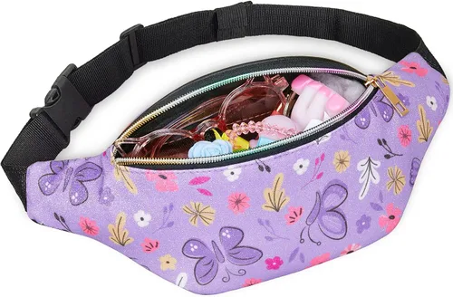 Vista 5 de QtGirl Riñonera para niños, bolsa de cintura con purpurina brillante con cinturón ajustable para niños, correr, acampar, viajes
