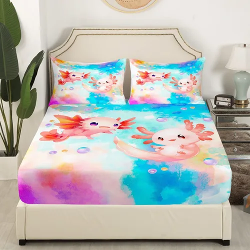Vista 2 de Castle Fairy Bonito juego de sábanas de Axolotl, juego de sábanas de teñido anudado colorido, juego de ropa de cama de animales Kawaii para niños