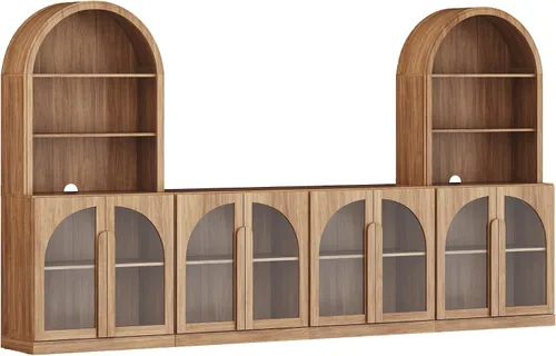 Vista 8 de BELLEZE Centro de entretenimiento modular de 4 piezas con almacenamiento, 2 vitrinas de madera moderna con gabinete arqueado y 2 armarios de puerta