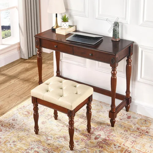 Vista 5 de Taburete de tocador con asiento tapizado, banco de piano con patas talladas de madera maciza, cojín acolchado para sillas de hogar, banco de tocador