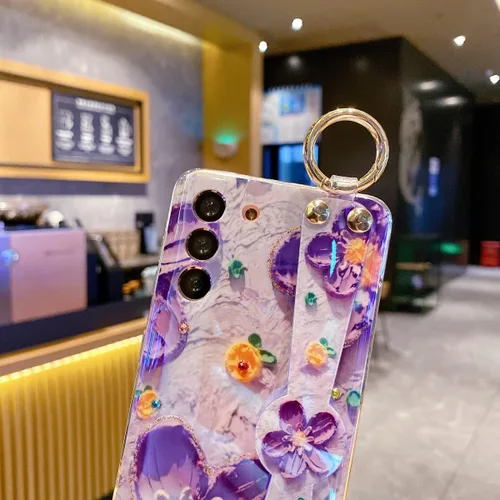 Vista 4 de Funda para Samsung Galaxy S21 [NO Plus] Brillante, con soporte de correa de 6.2 pulgadas, bonita pintura al óleo patrón floral IMD silicona a prueba