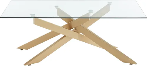 Vista 5 de JYED DECOR Mesa de centro con tapa de vidrio templado (oro, mesa de centro rectangular)