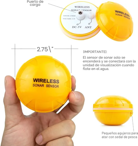 Vista 4 de ecosonda portátil recargable, sensor de sonar inalámbrico, localizador de profundidad con tamaño de los peces, contorno del fondo, pantalla LCD a