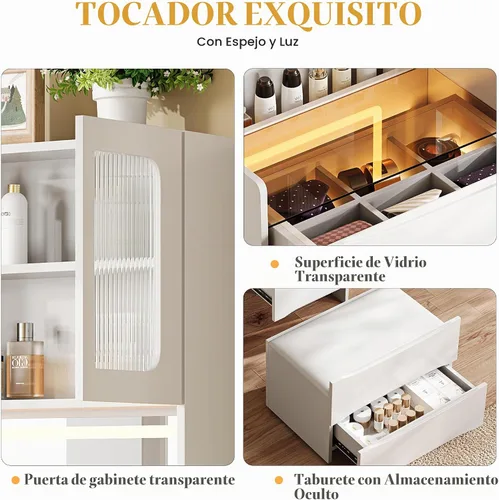 Vista 6 de Escritorio de tocador 3 en 1 con espejo y luces, pequeño juego de tocador de maquillaje con escritorio de vidrio visible, tocador de maquillaje
