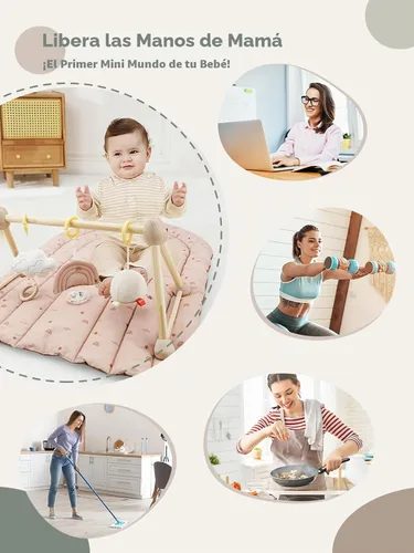 Vista 5 de Tapete de madera 4 en 1 para gimnasio y actividades para bebés, tapete de algodón suave para bebés de 0 años, con 3 juguetes desmontables