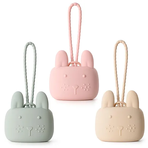 Vista 8 de ROCCED Funda de silicona para chupetes con diseño de conejito con correa de silicona suave, almacenamiento de viaje para cochecito y bolsa