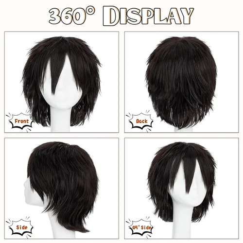Vista 5 de Peluca de pelo completo unisex suave abultada lisa para cosplay, disfraz de anime, Café Oscuro