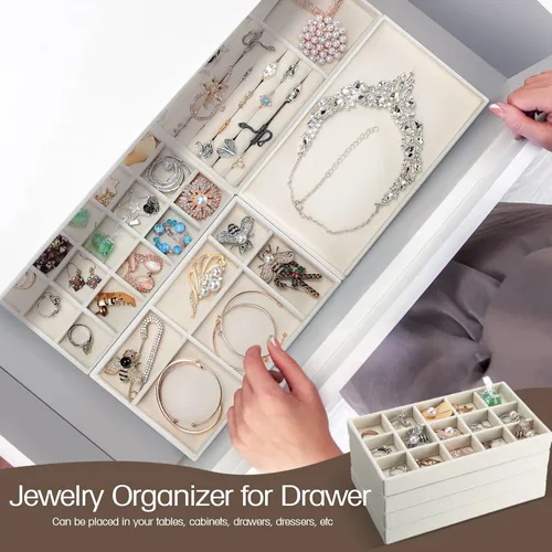 Vista 5 de 16 bandejas organizadoras de joyas apilables pequeñas para cajones, 8.3 x 5 x 1 pulgadas, pequeñas joyas de terciopelo para armario, aparador