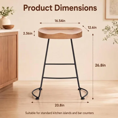 Vista 3 de Juego de 2 sillas de bar estilo rústico retro americano, taburete de bar simple de moda moderna, silla de comedor de madera de mediados de siglo