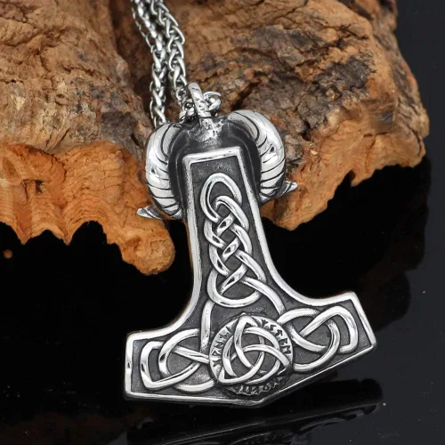 Vista 3 de GuoShuang Viking 316L - Colgante de amuleto de cabra Thor Mjolnir de acero inoxidable