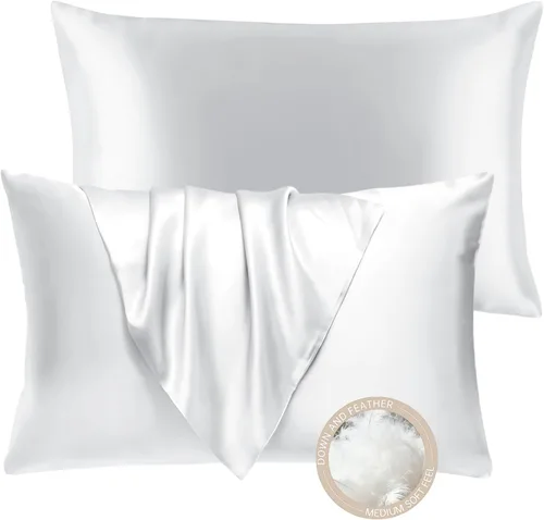 Vista 20 de BHZ Almohada estándar de plumas de ganso con funda de almohada de satén, almohada de cama de lujo de la colección de hotel para dormir, soporte