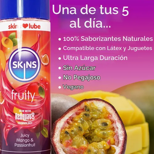 Vista 3 de Skins Lubricante con sabor a mango y maracuyá con tecnología ReAquav8 – Lubricante a base de agua con sabor a mango y maracuyá – 4 onzas