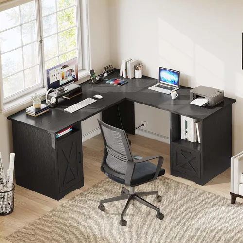 Vista 4 de YITAHOME Escritorio en forma de L con tomas de corriente, escritorio de computadora de esquina de 60 pulgadas con cajón para archivos, escritorio