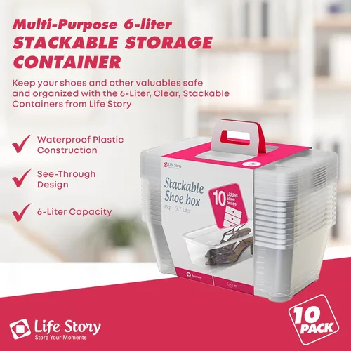 Vista 2 de Life Story Paquete de 10 cajas de almacenamiento de plástico, organizador de zapatos apilable, contenedores con tapa, 6 litros - Cajas