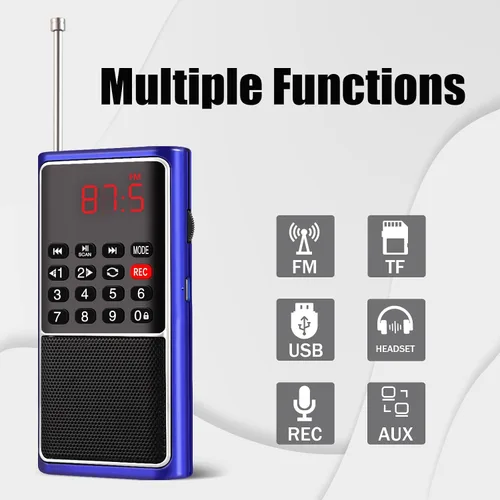 Vista 5 de Leting Radio FM portátil, altavoz MP3 con tarjeta TF/grabación USB, batería recargable de emergencia, la mejor recepción (azul)