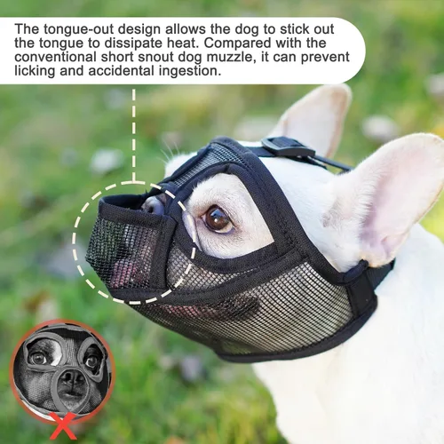 Vista 2 de BARKLESS Bozal de bulldog francés, bozal corto de malla para perro con diseño de lengua hacia fuera para perro de cara plana Shih Tzu Bulldog Negro