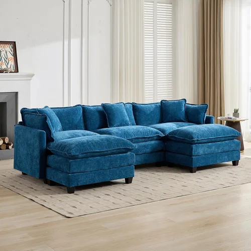 Vista 80 de Sofá seccional modular verde de 111.5", sofás seccionales grandes de 3 plazas para sala de estar, sofá nube oversized de tela chenille con otomana