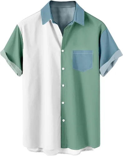 Vista 14 de Men's Color Block Button Down Shirts 2026 Summer Short Sleeve Hawaiian Shirt Loose Fit Lightweight Beach Vacation Tops