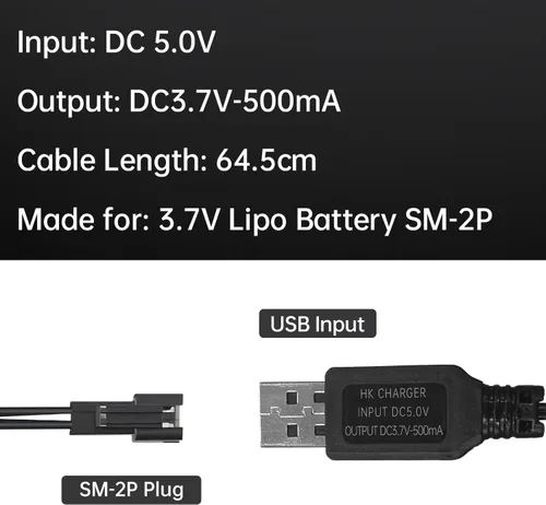 Vista 5 de Cable de carga USB de 3.7 V 500 mAh con conector de enchufe SM-2P para vehículos RC