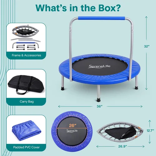 Vista 7 de SereneLife Mini trampolín plegable de 36 pulgadas para niños - Rebotador de fitness compacto con mango de espuma - Trampolín de ejercicio seguro
